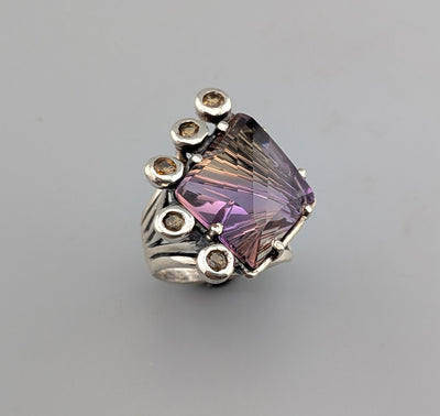 Fancy Cut Ametrine Sterling Silver Ring with Golden Sapphires