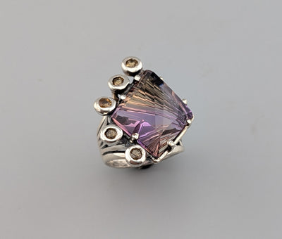Fancy Cut Ametrine Sterling Silver Ring with Golden Sapphires
