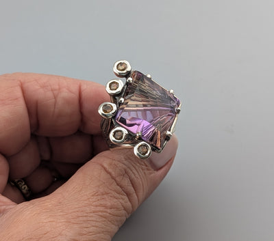 Fancy Cut Ametrine Sterling Silver Ring with Golden Sapphires