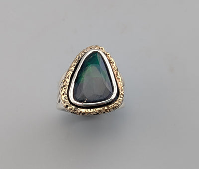 Smoked Ethiopian Opal, Sterling Silver and 14kt Gold Ring