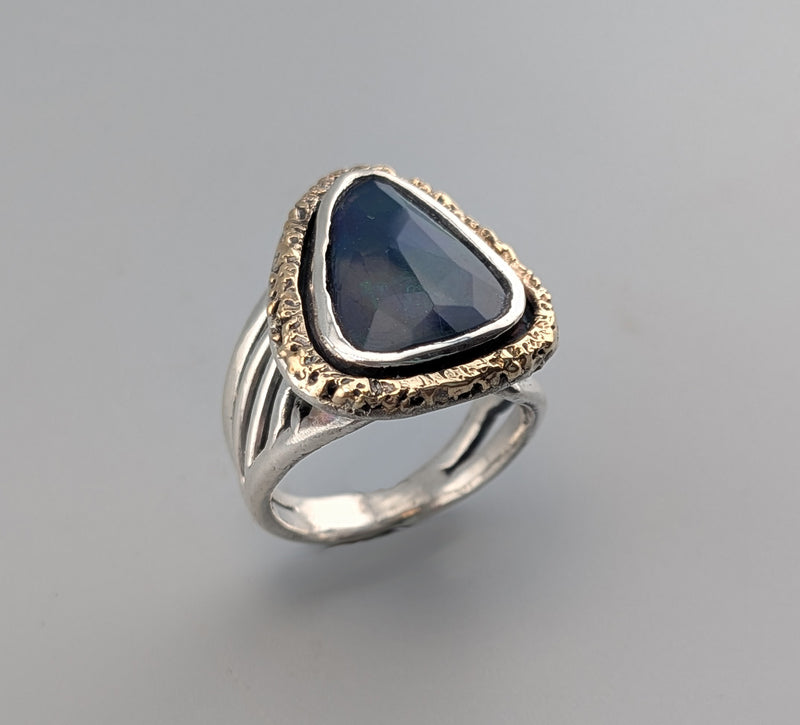 Smoked Ethiopian Opal, Sterling Silver and 14kt Gold Ring