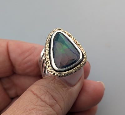 Smoked Ethiopian Opal, Sterling Silver and 14kt Gold Ring