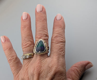 Smoked Ethiopian Opal, Sterling Silver and 14kt Gold Ring