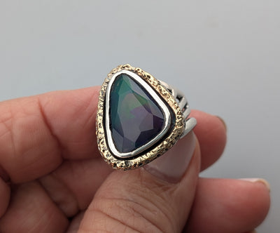 Smoked Ethiopian Opal, Sterling Silver and 14kt Gold Ring