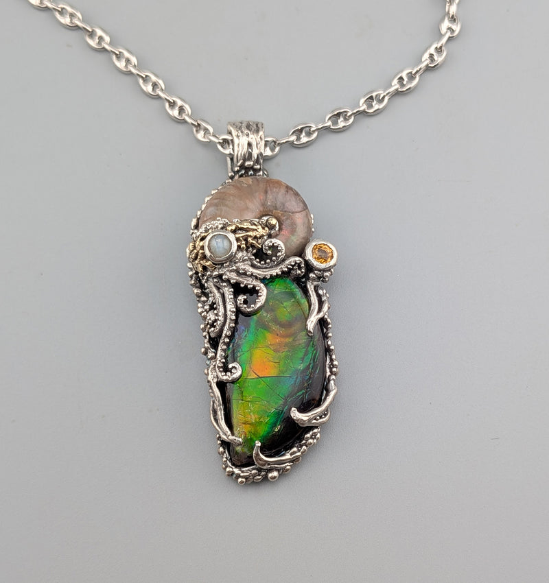 Ammolite and Ammonite Fossil, Sterling Silver/14kt Gold Jurassic Classic Pendant