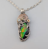 Ammolite and Ammonite Fossil, Sterling Silver/14kt Gold Jurassic Classic Pendant