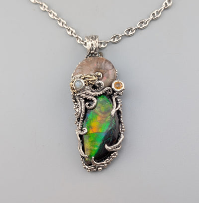 Ammolite and Ammonite Fossil, Sterling Silver/14kt Gold Jurassic Classic Pendant