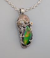 Ammolite and Ammonite Fossil, Sterling Silver/14kt Gold Jurassic Classic Pendant