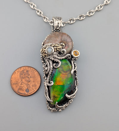 Ammolite and Ammonite Fossil, Sterling Silver/14kt Gold Jurassic Classic Pendant