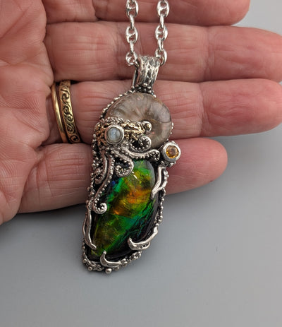 Ammolite and Ammonite Fossil, Sterling Silver/14kt Gold Jurassic Classic Pendant