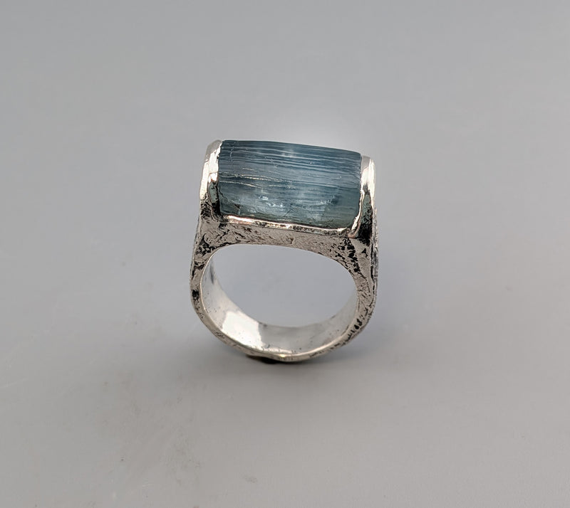 Natural Aquamarine Crystal, Sterling Silver Ring with 14kt Gold Accents