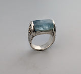 Natural Aquamarine Crystal, Sterling Silver Ring with 14kt Gold Accents