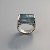 Natural Aquamarine Crystal, Sterling Silver Ring with 14kt Gold Accents