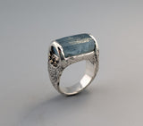 Natural Aquamarine Crystal, Sterling Silver Ring with 14kt Gold Accents