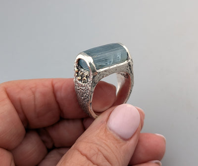 Natural Aquamarine Crystal, Sterling Silver Ring with 14kt Gold Accents