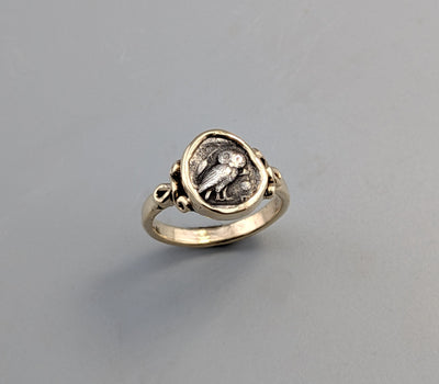 Ancient Tiny Owl, AR Obol, 14kt Gold Ring