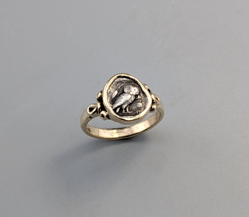 Ancient Tiny Owl, AR Obol, 14kt Gold Ring