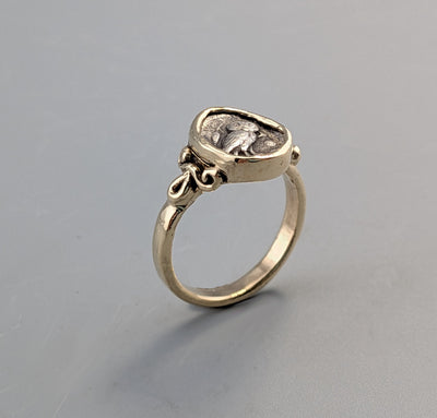 Ancient Tiny Owl, AR Obol, 14kt Gold Ring