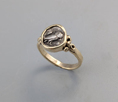 Ancient Tiny Owl, AR Obol, 14kt Gold Ring