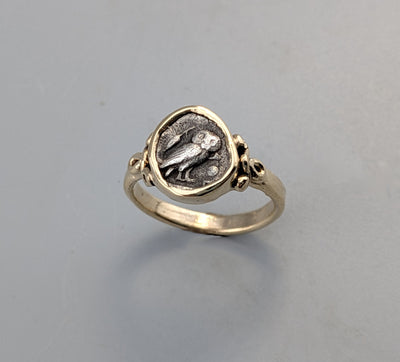 Ancient Tiny Owl, AR Obol, 14kt Gold Ring