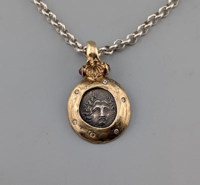 Helios, Ancient AR Drachm, 14kt Gold Pendant/Pearl Enhancer