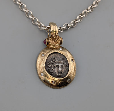 Helios, Ancient AR Drachm, 14kt Gold Pendant/Pearl Enhancer