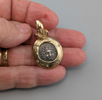 Helios, Ancient AR Drachm, 14kt Gold Pendant/Pearl Enhancer