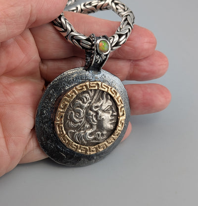 Ancient AR Tetradrachm, Lysimachos, Sterling Silver and 14kt Gold Pendant