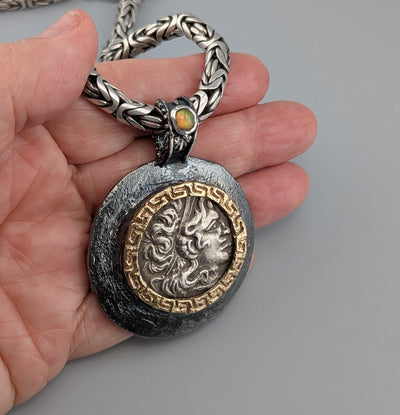 Ancient AR Tetradrachm, Lysimachos, Sterling Silver and 14kt Gold Pendant