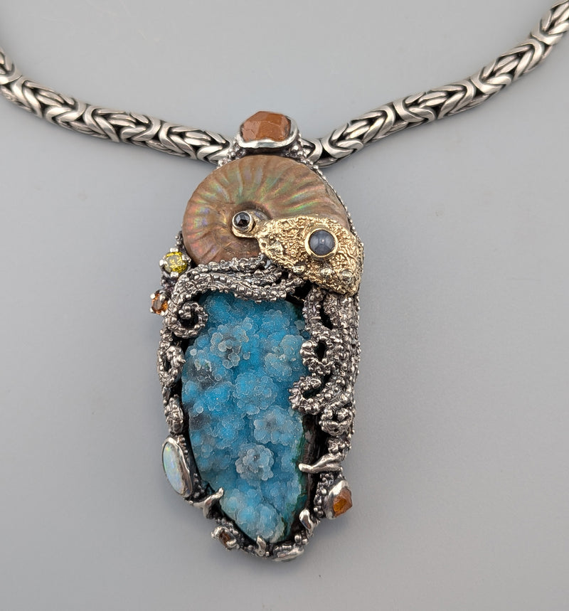 Large Jurassic Classic Sterling Silver and 14kt Gold Pendant