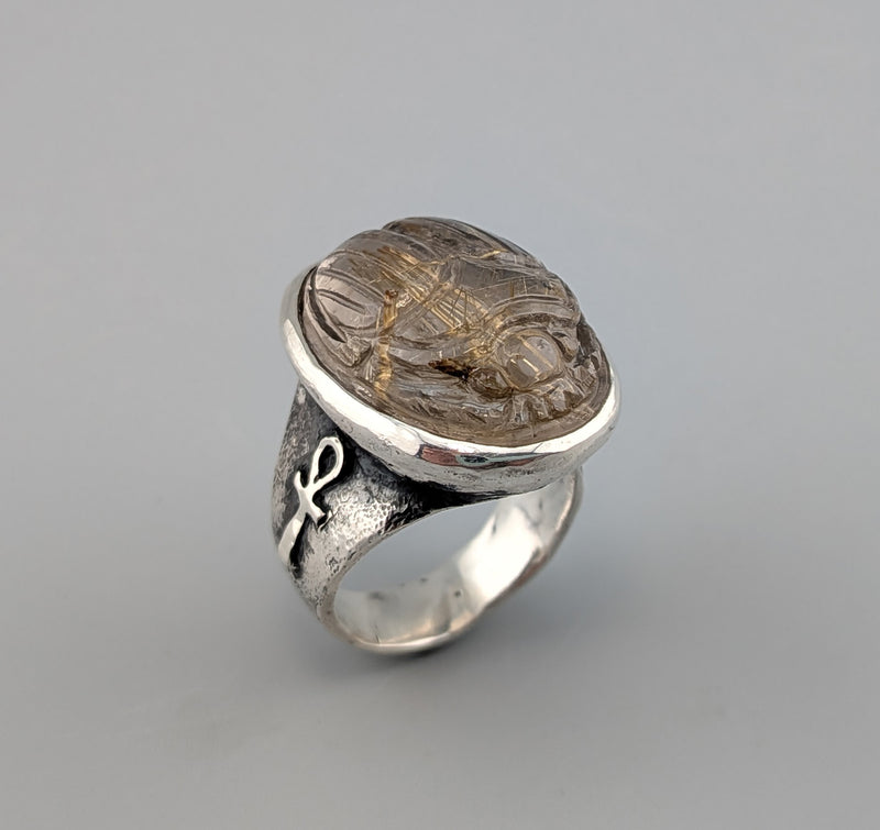 Carved Rutilated Quartz Scarab, Sterling Silver Ring