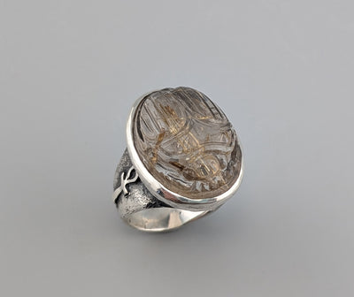Carved Rutilated Quartz Scarab, Sterling Silver Ring