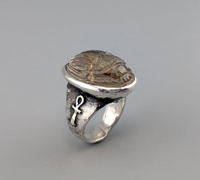 Carved Rutilated Quartz Scarab, Sterling Silver Ring