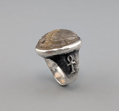 Carved Rutilated Quartz Scarab, Sterling Silver Ring