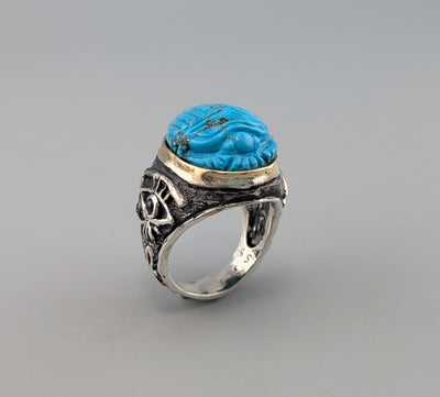 Carved Turquoise Scarab, Sterling Silver Ring with 14kt Gold Bezel