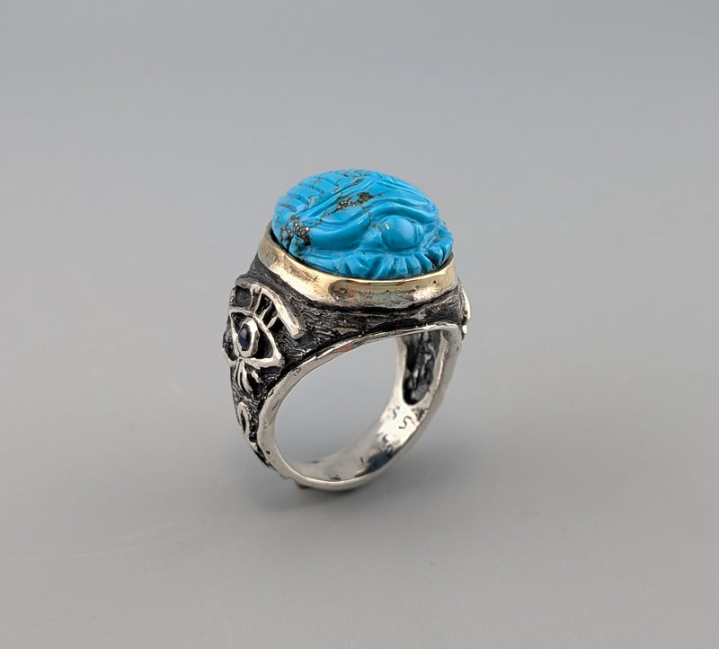 Carved Turquoise Scarab, Sterling Silver Ring with 14kt Gold Bezel