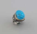 Carved Turquoise Scarab, Sterling Silver Ring with 14kt Gold Bezel
