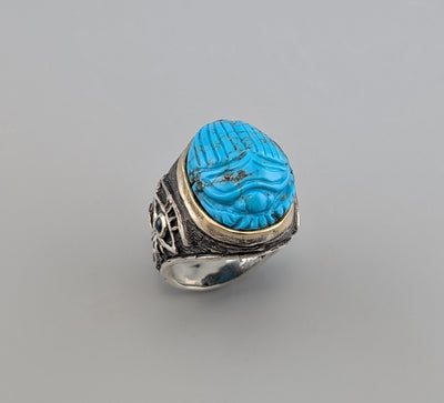 Carved Turquoise Scarab, Sterling Silver Ring with 14kt Gold Bezel