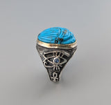 Carved Turquoise Scarab, Sterling Silver Ring with 14kt Gold Bezel