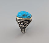 Carved Turquoise Scarab, Sterling Silver Ring with 14kt Gold Bezel