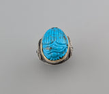 Carved Turquoise Scarab, Sterling Silver Ring with 14kt Gold Bezel