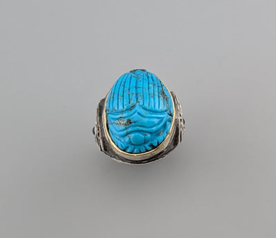 Carved Turquoise Scarab, Sterling Silver Ring with 14kt Gold Bezel