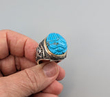 Carved Turquoise Scarab, Sterling Silver Ring with 14kt Gold Bezel