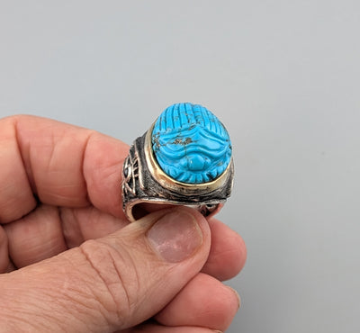 Carved Turquoise Scarab, Sterling Silver Ring with 14kt Gold Bezel