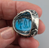 Carved Turquoise Scarab, Sterling Silver Ring with 14kt Gold Bezel