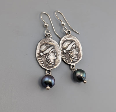 Sterling Silver Ancient Coin Replica Earrings, Moneta Goddess of Moneying