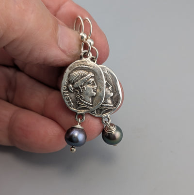 Sterling Silver Ancient Coin Replica Earrings, Moneta Goddess of Moneying