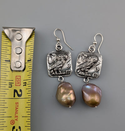 Sterling Silver Ancient Coin Replica, Old Style Athena Owl, with Large Pearls