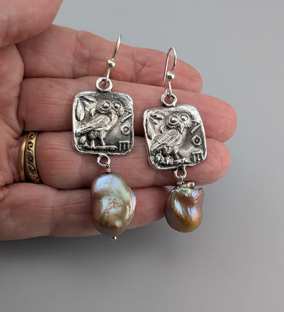 Sterling Silver Ancient Coin Replica, Old Style Athena Owl, with Large Pearls
