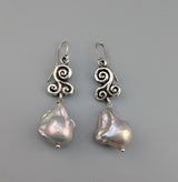 Sterling Silver Triskele Earrings with Large Freshwater Pearl Drops